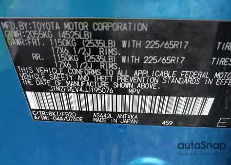 2018 Toyota Rav4 Le из США, поврежденный, VIN JTMZFREV4JJ195076